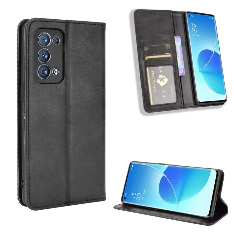 Wallet Stand Design in Stile Vintage Magnetico Custodia Per Telefono in Pelle Auto-assorbita Per Oppo Reno6 Pro+ 5G/Pro 5G (Snapdragon) - Nero