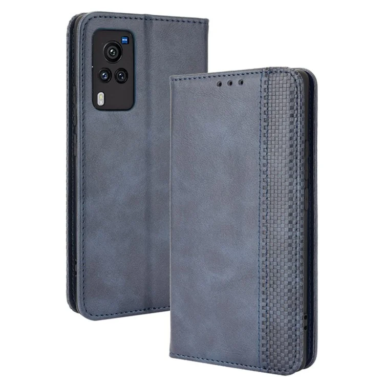 Étui de téléphone en cuir magnétique vintage avec support pour vivo X60 5G/X60 Pro 5G (Global) - Bleu