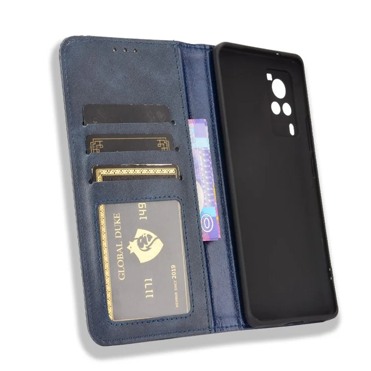 Étui de téléphone en cuir magnétique vintage avec support pour vivo X60 5G/X60 Pro 5G (Global) - Bleu