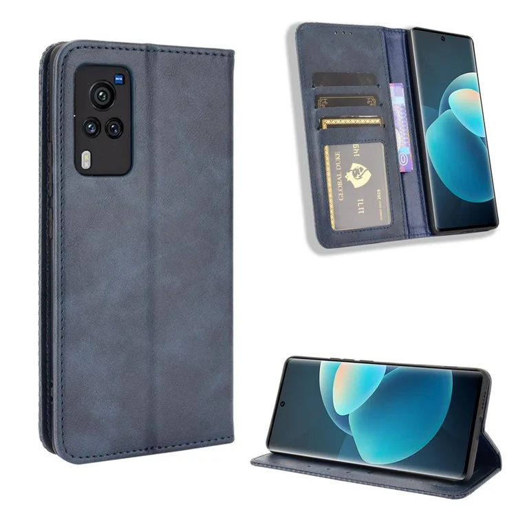 Étui de téléphone en cuir magnétique vintage avec support pour vivo X60 5G/X60 Pro 5G (Global) - Bleu