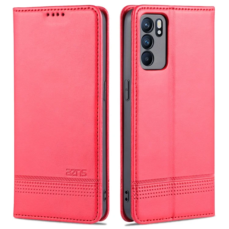 AZNS Stand Design Wallet Case Auto-absorbed Magnetic Leather Cell Phone Shell for Oppo Reno6 5G - Red