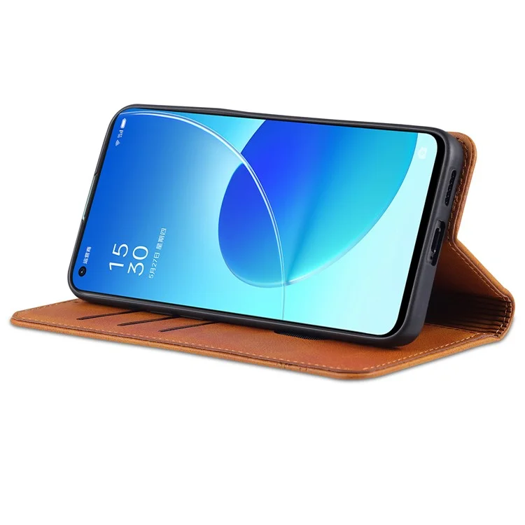 AZNS Stand Design Wallet Case Auto-absorbed Magnetic Leather Cell Phone Shell for Oppo Reno6 5G - Red