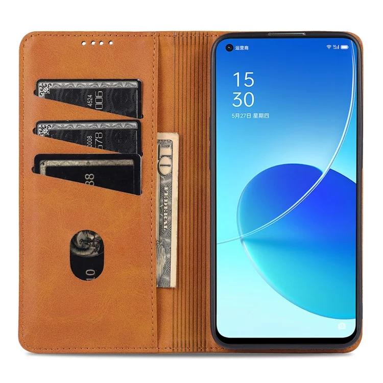 AZNS Stand Design Wallet Case Auto-absorbed Magnetic Leather Cell Phone Shell for Oppo Reno6 5G - Red