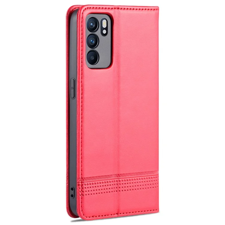 AZNS Stand Design Wallet Case Auto-absorbed Magnetic Leather Cell Phone Shell for Oppo Reno6 5G - Red