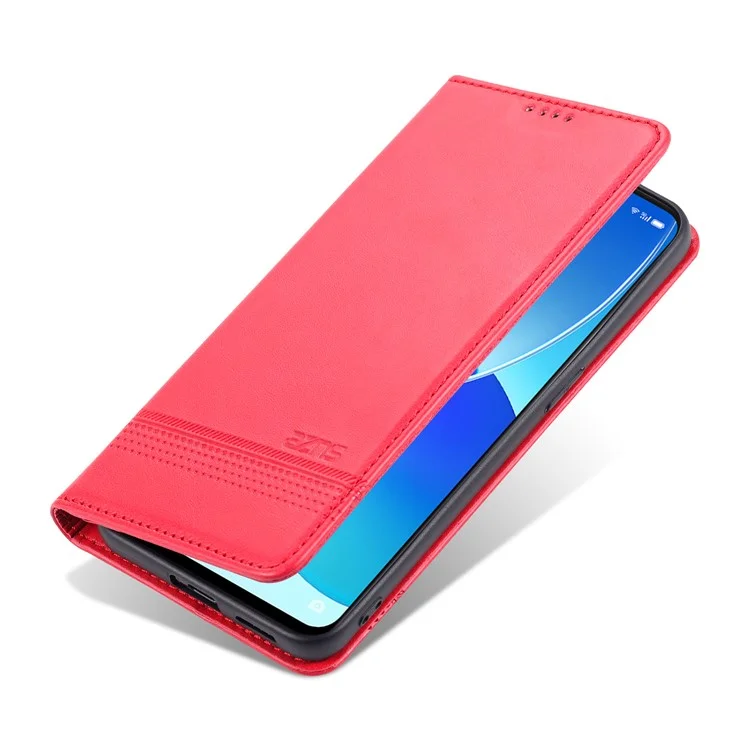 AZNS Stand Design Wallet Case Auto-absorbed Magnetic Leather Cell Phone Shell for Oppo Reno6 5G - Red