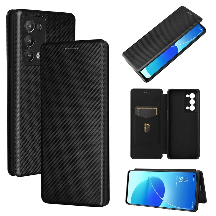 Carbon Fiber Texture Auto-absorbed Cell Phone Protective Stand Case für Oppo Reno6 Pro+ 5G/Pro 5G (Snapdragon) - Schwarz