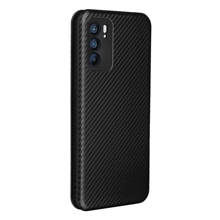Étui de téléphone portable en cuir absorbant le carbone avec design de support pour Oppo Reno6 5G - Noir
