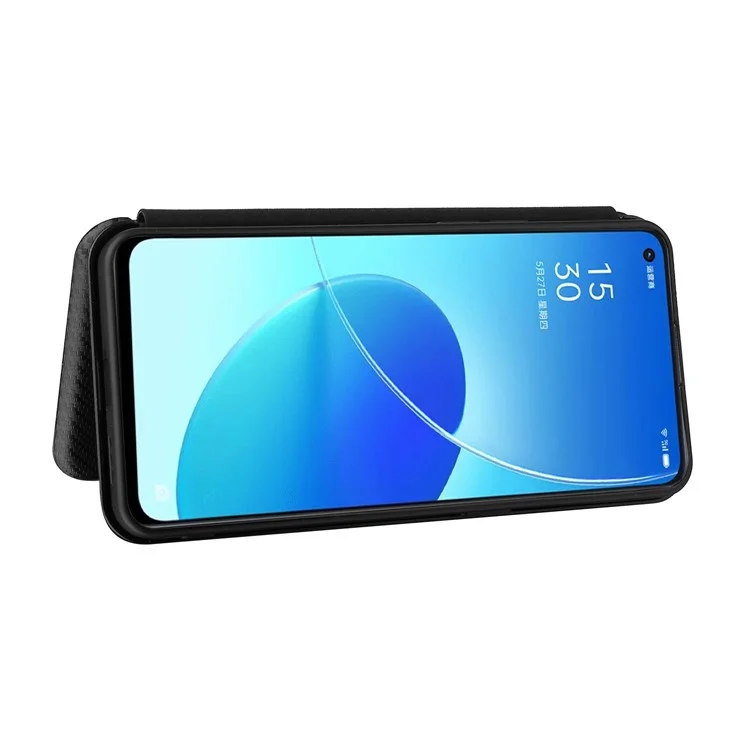 Étui de téléphone portable en cuir absorbant le carbone avec design de support pour Oppo Reno6 5G - Noir