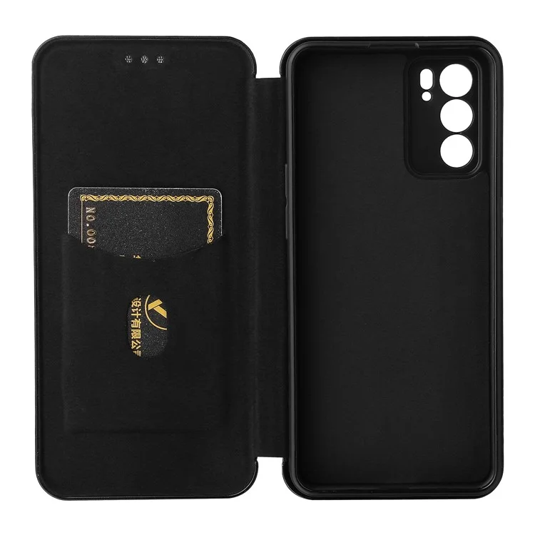 Étui de téléphone portable en cuir absorbant le carbone avec design de support pour Oppo Reno6 5G - Noir