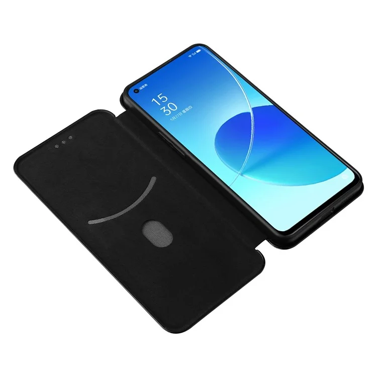 Étui de téléphone portable en cuir absorbant le carbone avec design de support pour Oppo Reno6 5G - Noir
