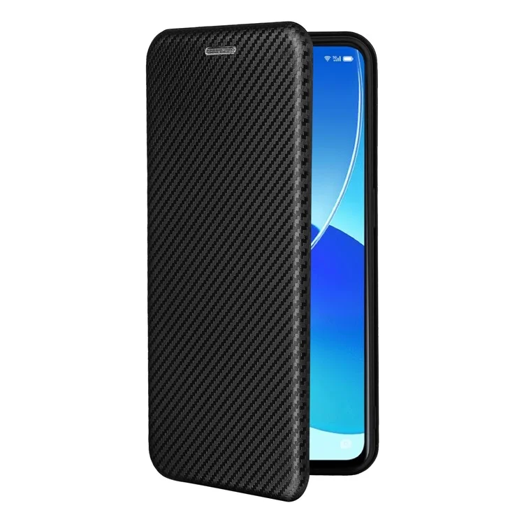 Étui de téléphone portable en cuir absorbant le carbone avec design de support pour Oppo Reno6 5G - Noir