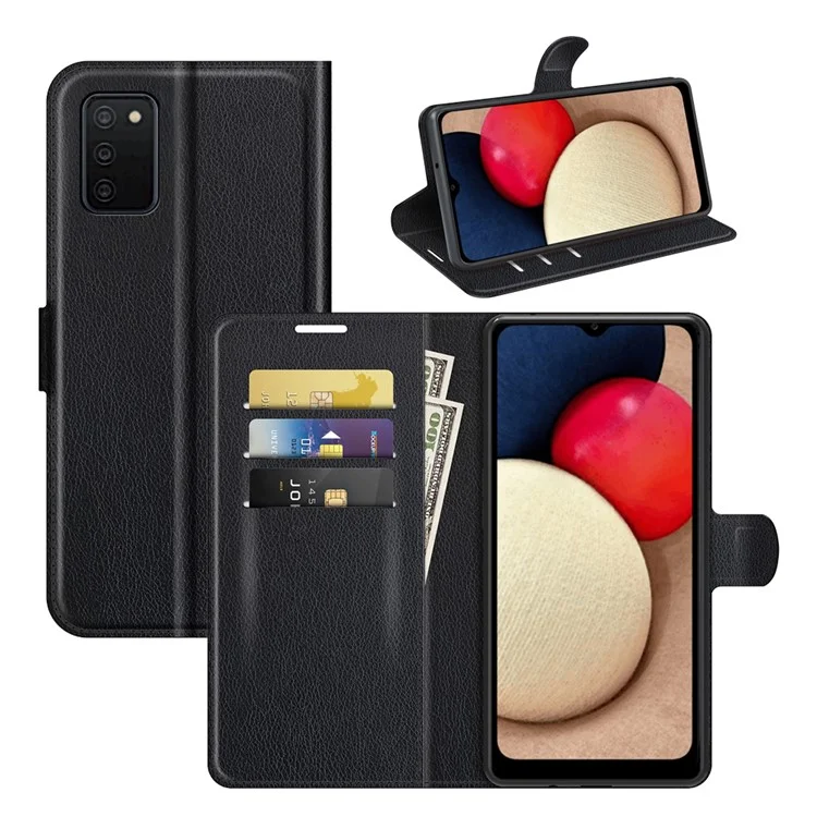 Folio Flip Book Style Protective Litchi Skin Texture Full Body Non-Slip Phone Case for Samsung Galaxy A03s (166.5 x 75.98 x 9.14mm)- Black