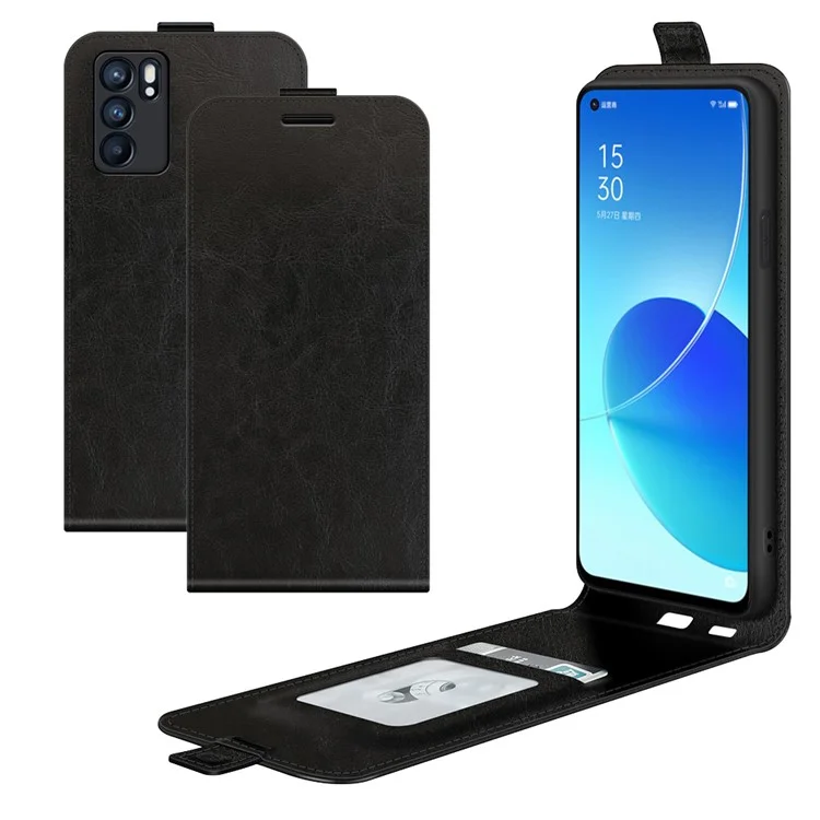 Caixa de Couro de Cavalo Maluco Vertical Com Slot de Cartão Para Oppo Reno6 5g - Preto