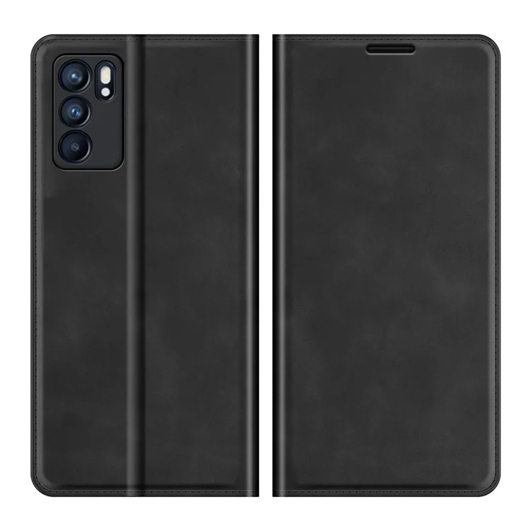 Étui folio en cuir à absorption automatique au toucher de la peau avec support portefeuille pour Oppo Reno6 5G - Noir