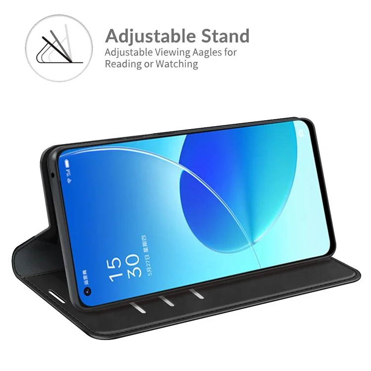 Étui folio en cuir à absorption automatique au toucher de la peau avec support portefeuille pour Oppo Reno6 5G - Noir
