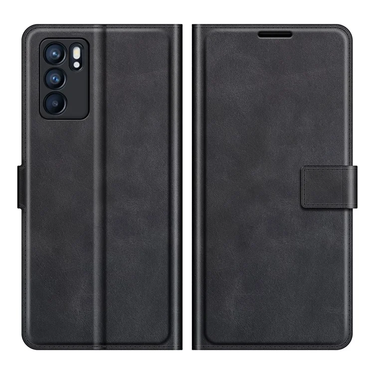 Étui en cuir avec support en métal et fermeture magnétique pour Oppo Reno6 5G - Noir