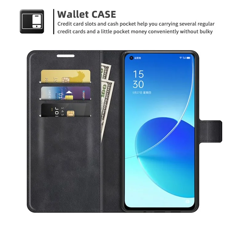 Étui en cuir avec support en métal et fermeture magnétique pour Oppo Reno6 5G - Noir
