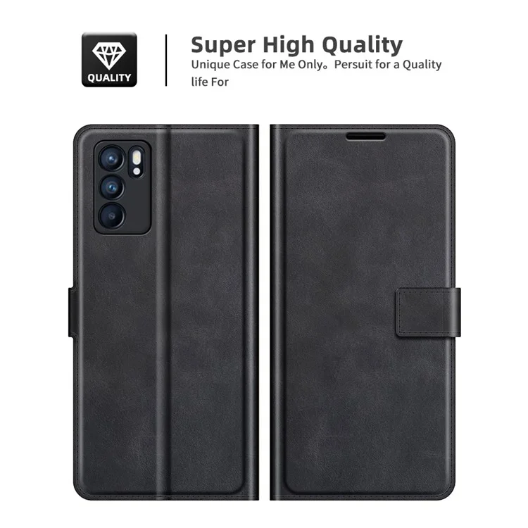Étui en cuir avec support en métal et fermeture magnétique pour Oppo Reno6 5G - Noir