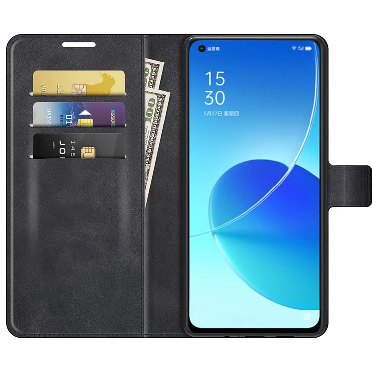 Étui en cuir avec support en métal et fermeture magnétique pour Oppo Reno6 5G - Noir