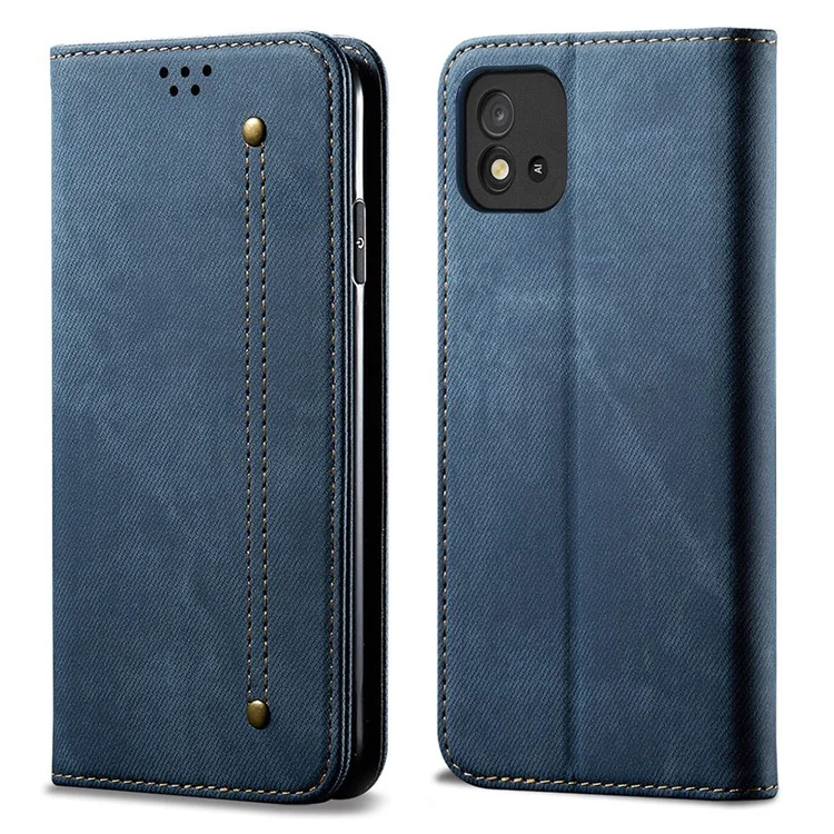 Jeans Cloth Texture Full Protection Leather Wallet Stand Phone Shell Case for Realme C20/C11 (2021) - Azul