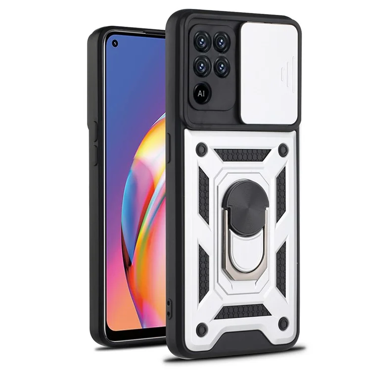 Camera Slide Phone Case with Kickstand Ring Holder for Oppo A94 4G / F19 Pro / Reno5 F - Silver