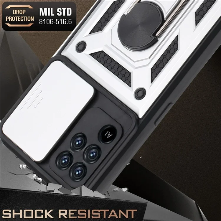 Camera Slide Phone Case with Kickstand Ring Holder for Oppo A94 4G / F19 Pro / Reno5 F - Silver