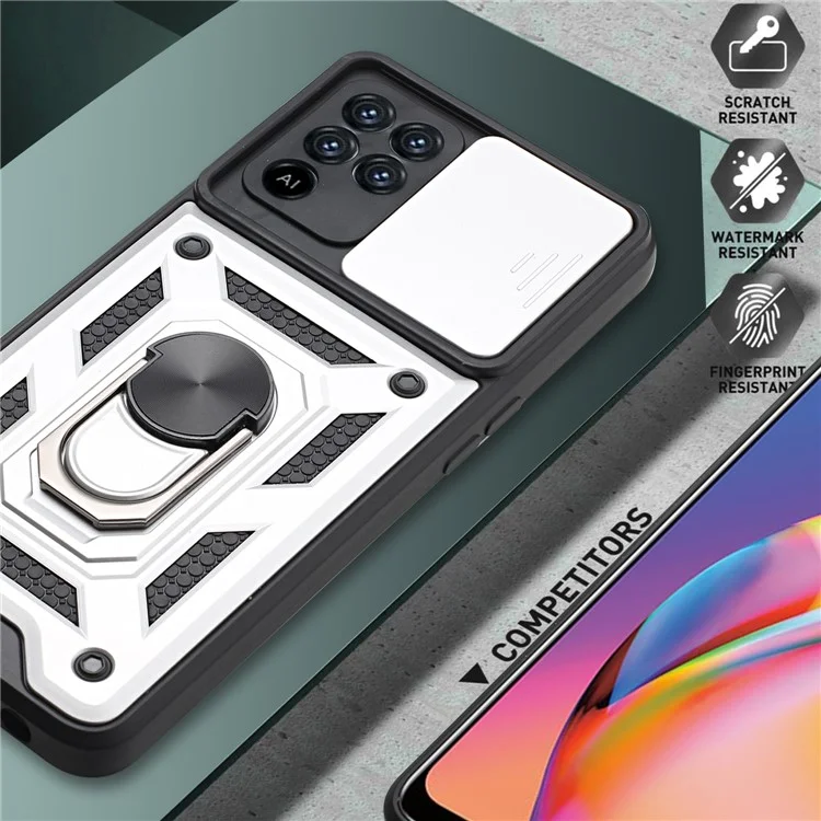Camera Slide Phone Case with Kickstand Ring Holder for Oppo A94 4G / F19 Pro / Reno5 F - Silver