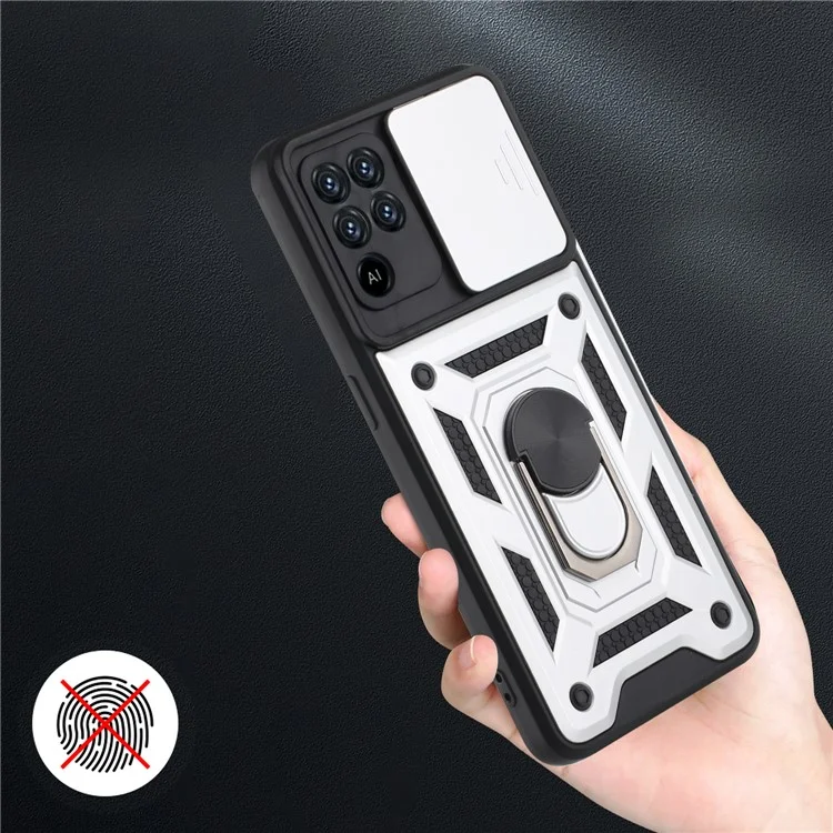 Camera Slide Phone Case with Kickstand Ring Holder for Oppo A94 4G / F19 Pro / Reno5 F - Silver