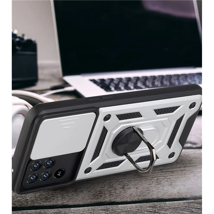 Camera Slide Phone Case with Kickstand Ring Holder for Oppo A94 4G / F19 Pro / Reno5 F - Silver