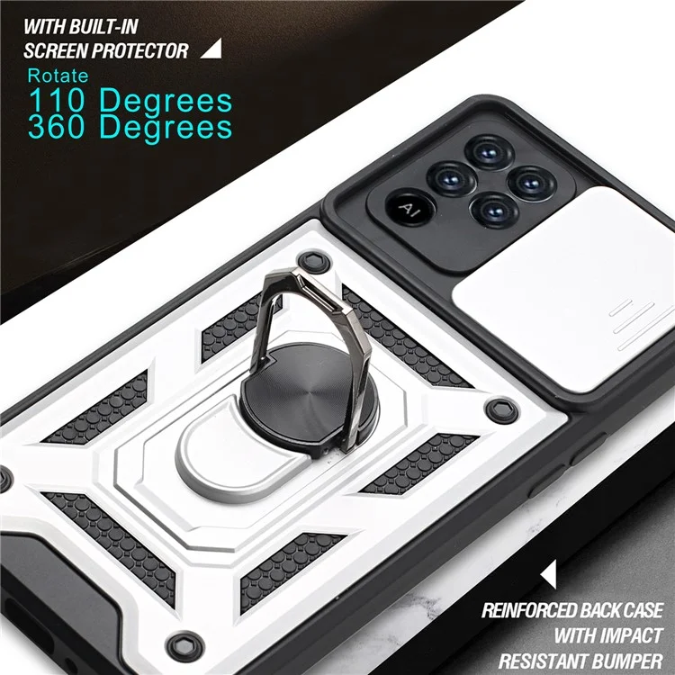 Camera Slide Phone Case with Kickstand Ring Holder for Oppo A94 4G / F19 Pro / Reno5 F - Silver