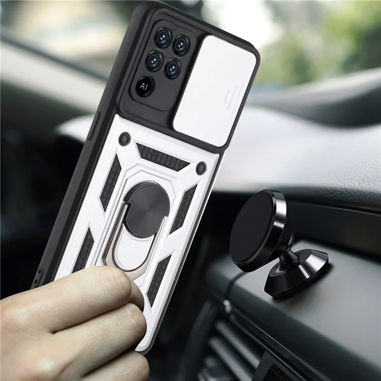 Camera Slide Phone Case with Kickstand Ring Holder for Oppo A94 4G / F19 Pro / Reno5 F - Silver
