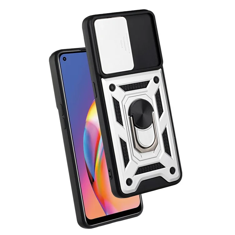 Camera Slide Phone Case with Kickstand Ring Holder for Oppo A94 4G / F19 Pro / Reno5 F - Silver