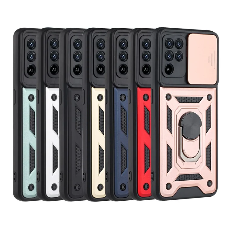 Camera Slide Phone Case with Kickstand Ring Holder for Oppo A94 4G / F19 Pro / Reno5 F - Silver