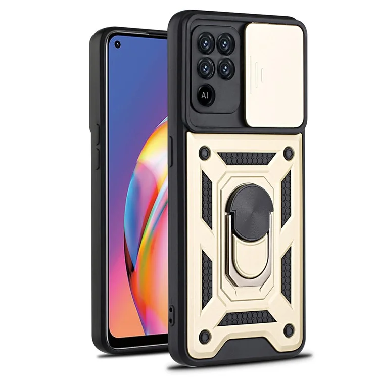 Camera Slide Phone Case with Kickstand Ring Holder for Oppo A94 4G / F19 Pro / Reno5 F - Gold