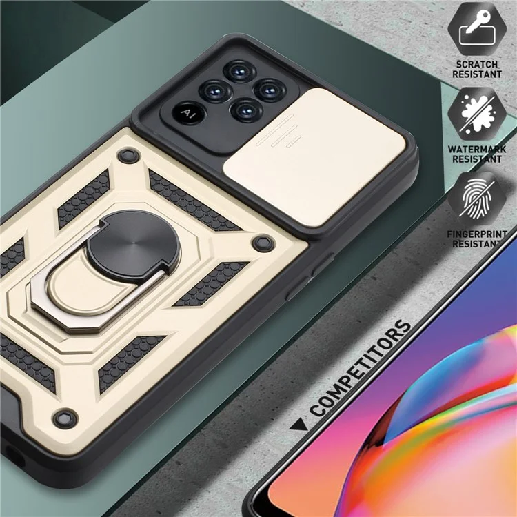 Camera Slide Phone Case with Kickstand Ring Holder for Oppo A94 4G / F19 Pro / Reno5 F - Gold