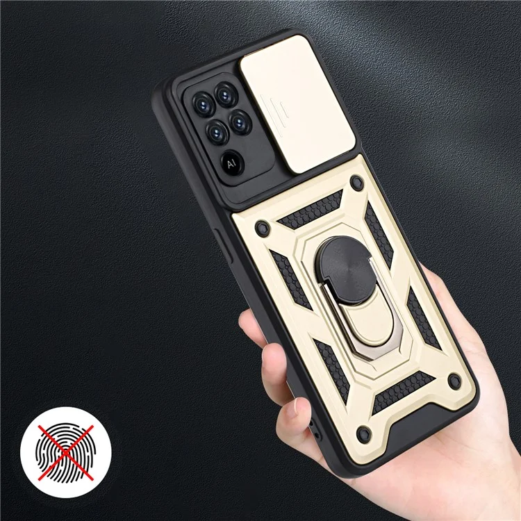 Camera Slide Phone Case with Kickstand Ring Holder for Oppo A94 4G / F19 Pro / Reno5 F - Gold