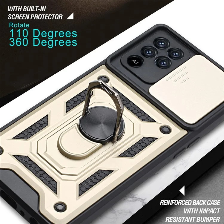 Camera Slide Phone Case with Kickstand Ring Holder for Oppo A94 4G / F19 Pro / Reno5 F - Gold