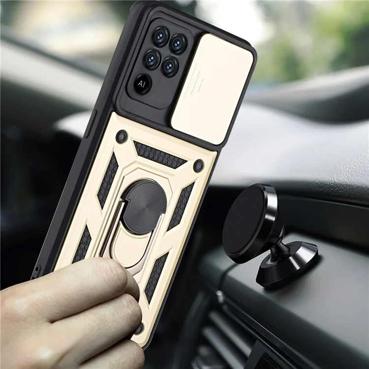 Camera Slide Phone Case with Kickstand Ring Holder for Oppo A94 4G / F19 Pro / Reno5 F - Gold