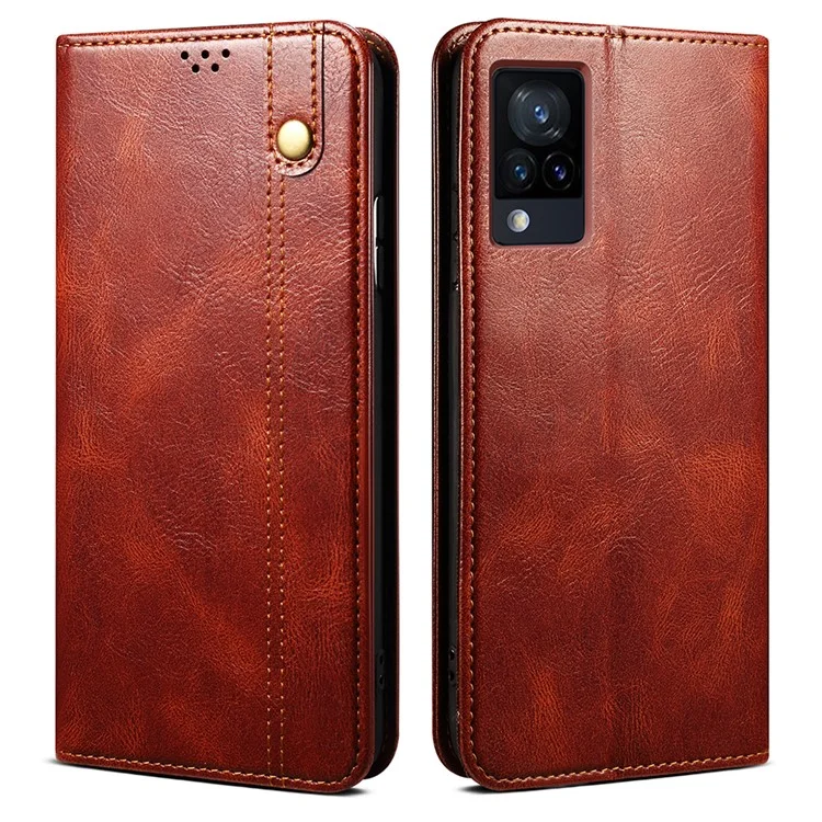 Custodia protettiva per telefono in pelle design wallet con supporto per vivo V21e 4G / Y73 2021 - Marrone