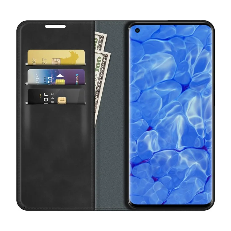 Cutage de la Peau du Portefeuille Aimant Fort du Portefeuille de Téléphonie de Protection Pour Oppo Reno6 Pro + 5G / Pro 5G (Snapdragon) - le Noir