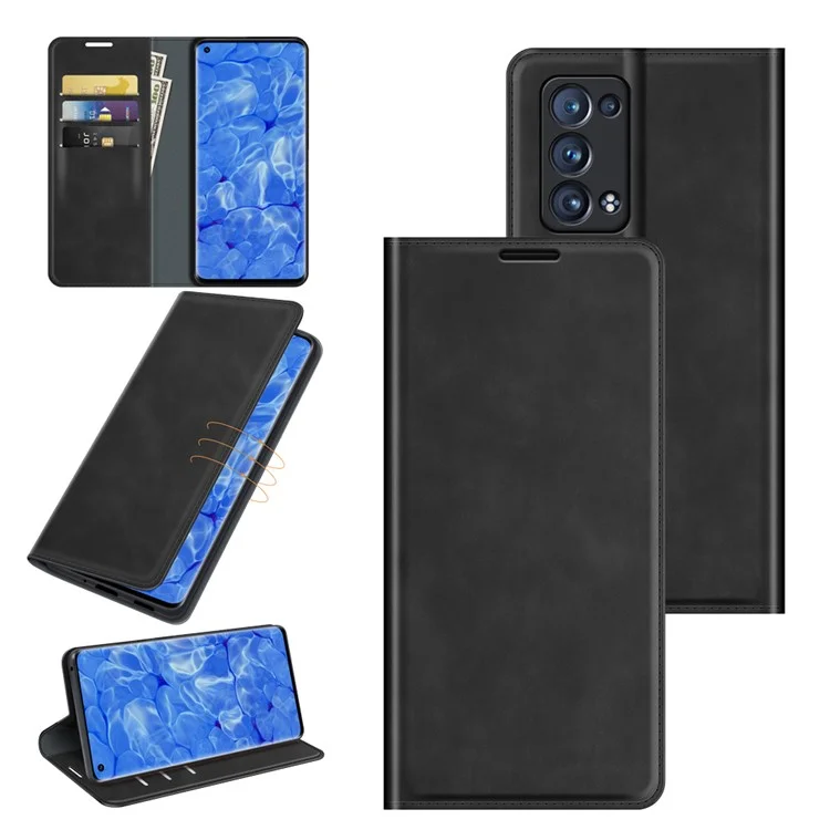 Skin-touch Feeling Strong Magnet Folio Wallet Protective Phone Case for Oppo Reno6 Pro+ 5G/Pro 5G (Snapdragon) - Black