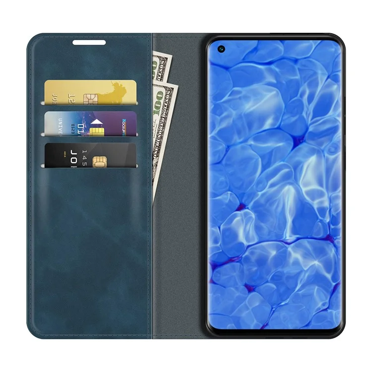 Skin-touch Feeling Strong Magnet Folio Wallet Case de Teléfono Protector Para Oppo Reno6 Pro+ 5G/Pro 5G (Snapdragon) - Azul