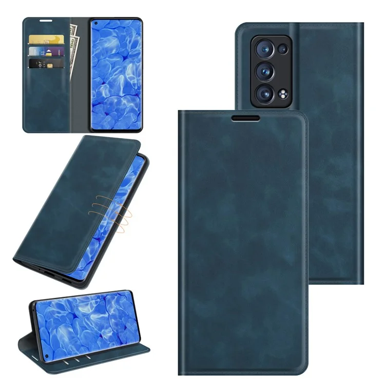 Skin-touch Feeling Strong Magnet Folio Wallet Case de Teléfono Protector Para Oppo Reno6 Pro+ 5G/Pro 5G (Snapdragon) - Azul