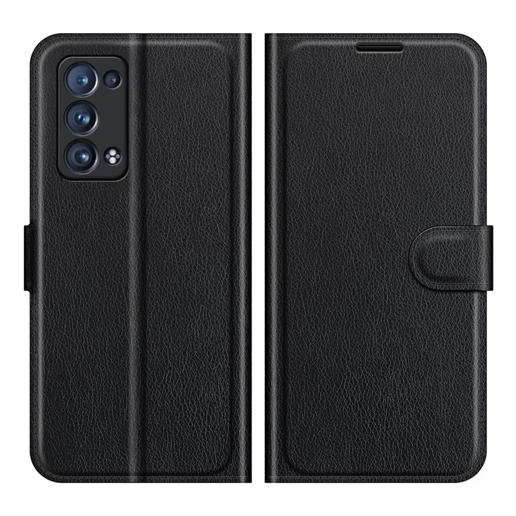 Litchi Texture Leather Wallet Protector с Подставкой Для Oppo Reno6 Pro+ 5G/Pro 5G (Snapdragon) - Черный