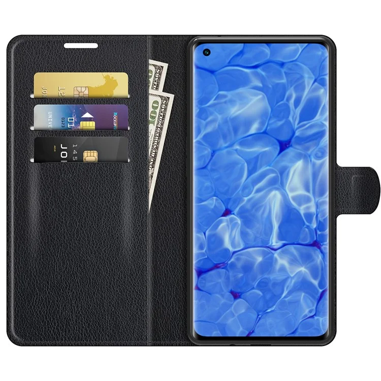 Protetor de Capa de Carteira de Couro de Textura Litchi Com Stand Para Oppo Reno6 Pro+ 5g/pro 5g (snapdragon) - Preto