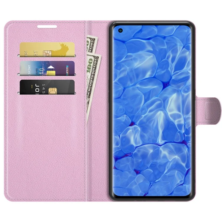 Protetor de Capa de Carteira de Couro de Textura Litchi Com Stand Para Oppo Reno6 Pro+ 5g/pro 5g (snapdragon) - Rosa