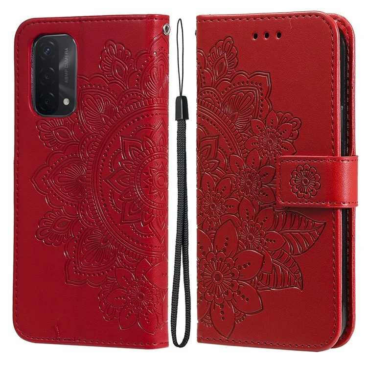 PU Lederabdruck Blumen Muster Brieftasche Telefonständer Mit Lanyard Für Oppo A93 5G (chinesische Version)/A74 5G/A54 5G - Rot