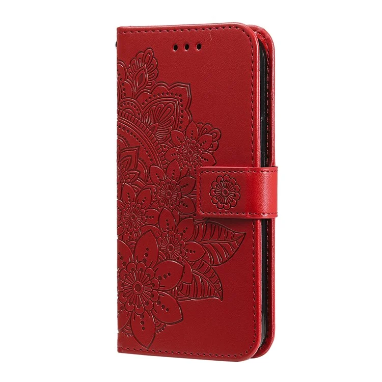PU Lederabdruck Blumen Muster Brieftasche Telefonständer Mit Lanyard Für Oppo A93 5G (chinesische Version)/A74 5G/A54 5G - Rot