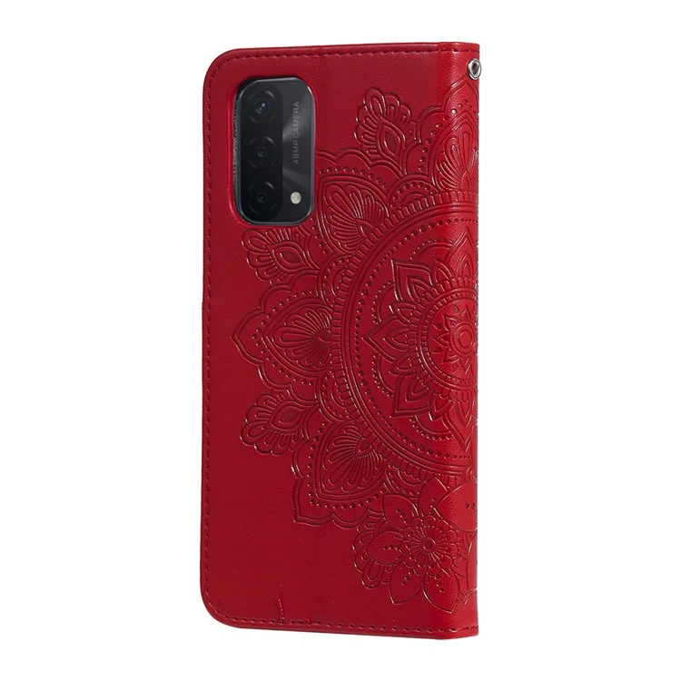 PU Lederabdruck Blumen Muster Brieftasche Telefonständer Mit Lanyard Für Oppo A93 5G (chinesische Version)/A74 5G/A54 5G - Rot