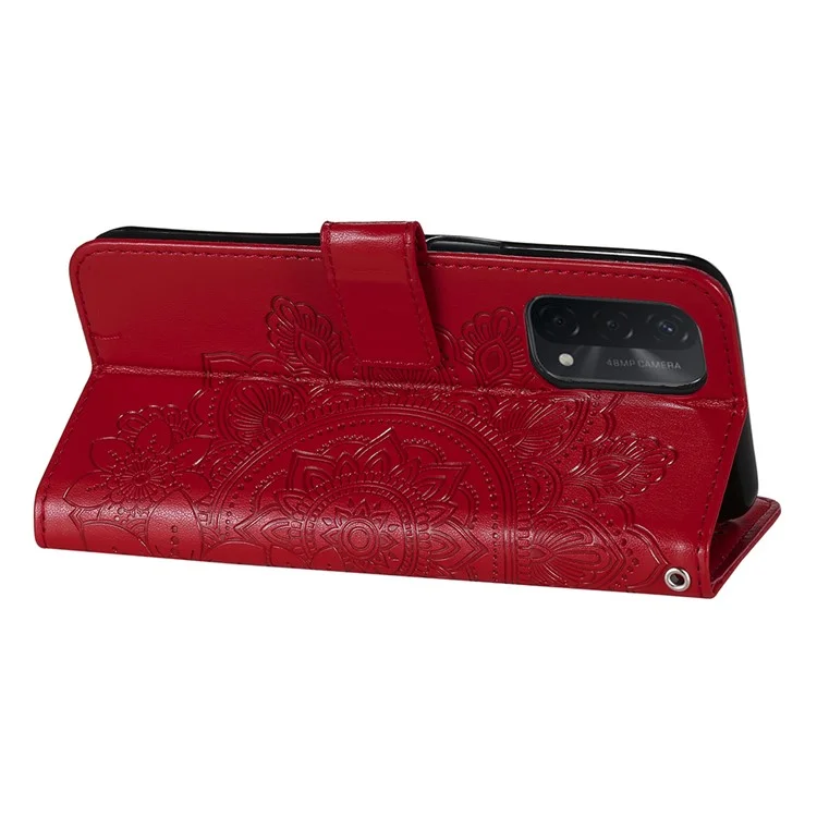 PU Lederabdruck Blumen Muster Brieftasche Telefonständer Mit Lanyard Für Oppo A93 5G (chinesische Version)/A74 5G/A54 5G - Rot